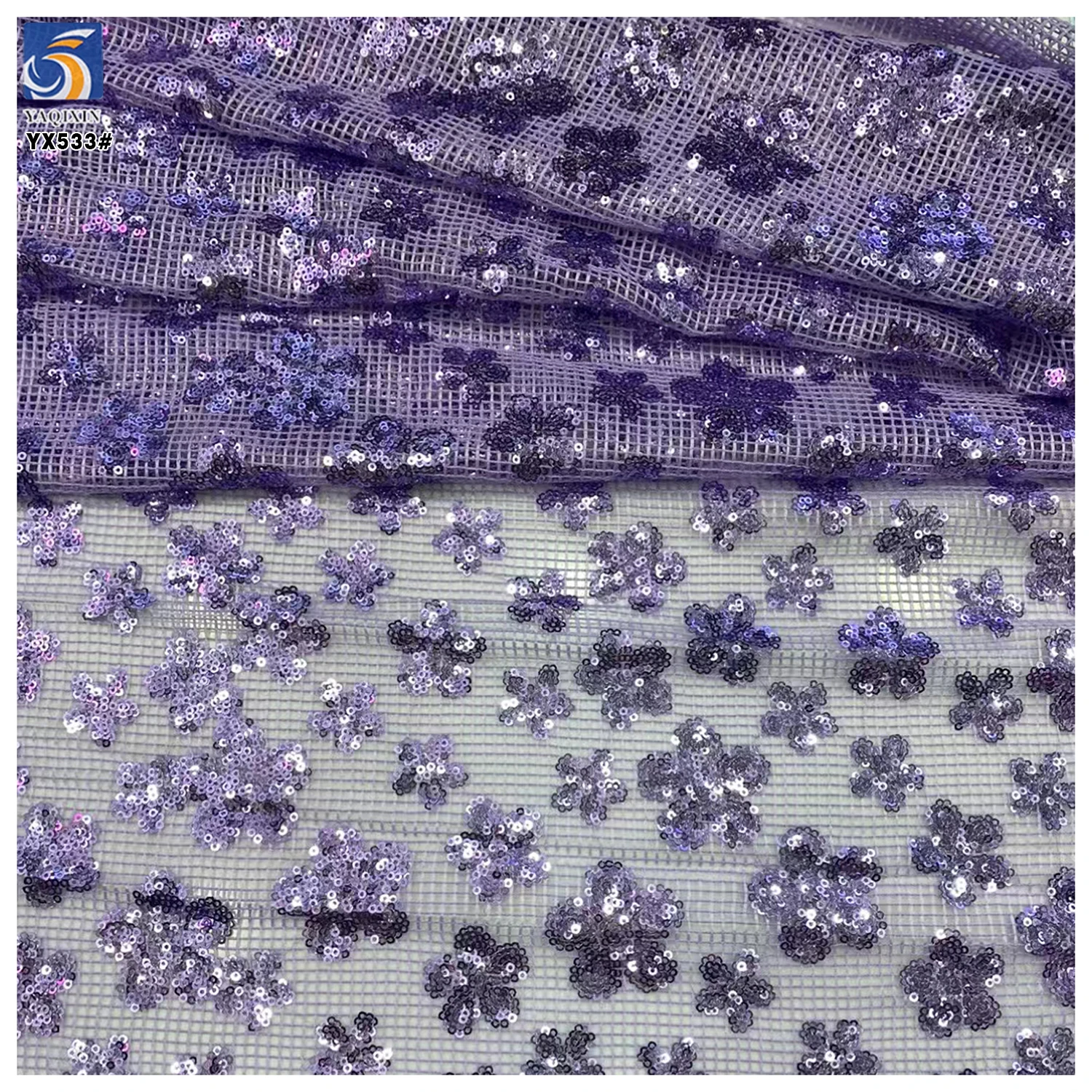 YX533 Black Sequin Lace Fabric Checkered Net Mesh Floral Design Sequined Lace Fabric for Dresses - 图片 6