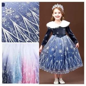 GT002 2025 Latest Christmas Tulle Fabric Ombre Print Fabric Tulle Lace Fabric with Silver Snowflake for Skirt