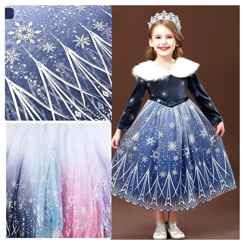 GT002 2025 Latest Christmas Tulle Fabric Ombre Print Fabric Tulle Lace Fabric with Silver Snowflake for Skirt