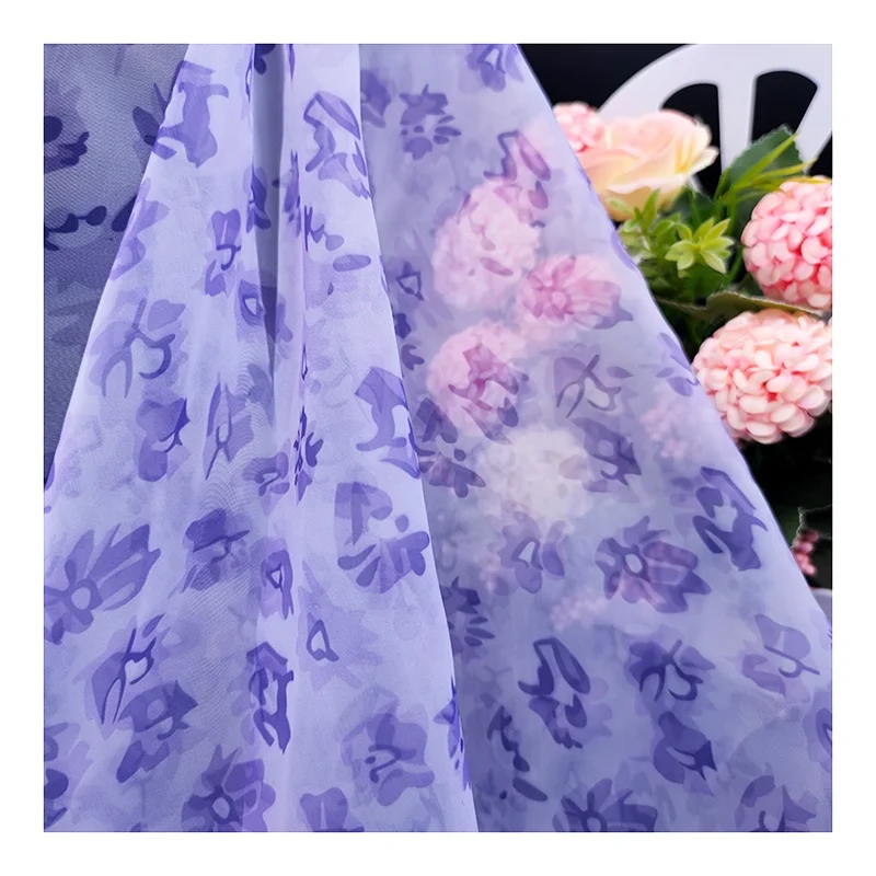 Purple and Pink Color Floral Digital Printed Organza Fabric Polyester Woven Floral Flower Fabric for Dress - 图片 5