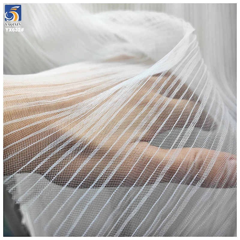 YX632 Custom L-shaped Toothpick Soft 100 Polyester Knitted 3mm Pleated White Mesh Tulle Fabric for Bridal Veil - 图片 2
