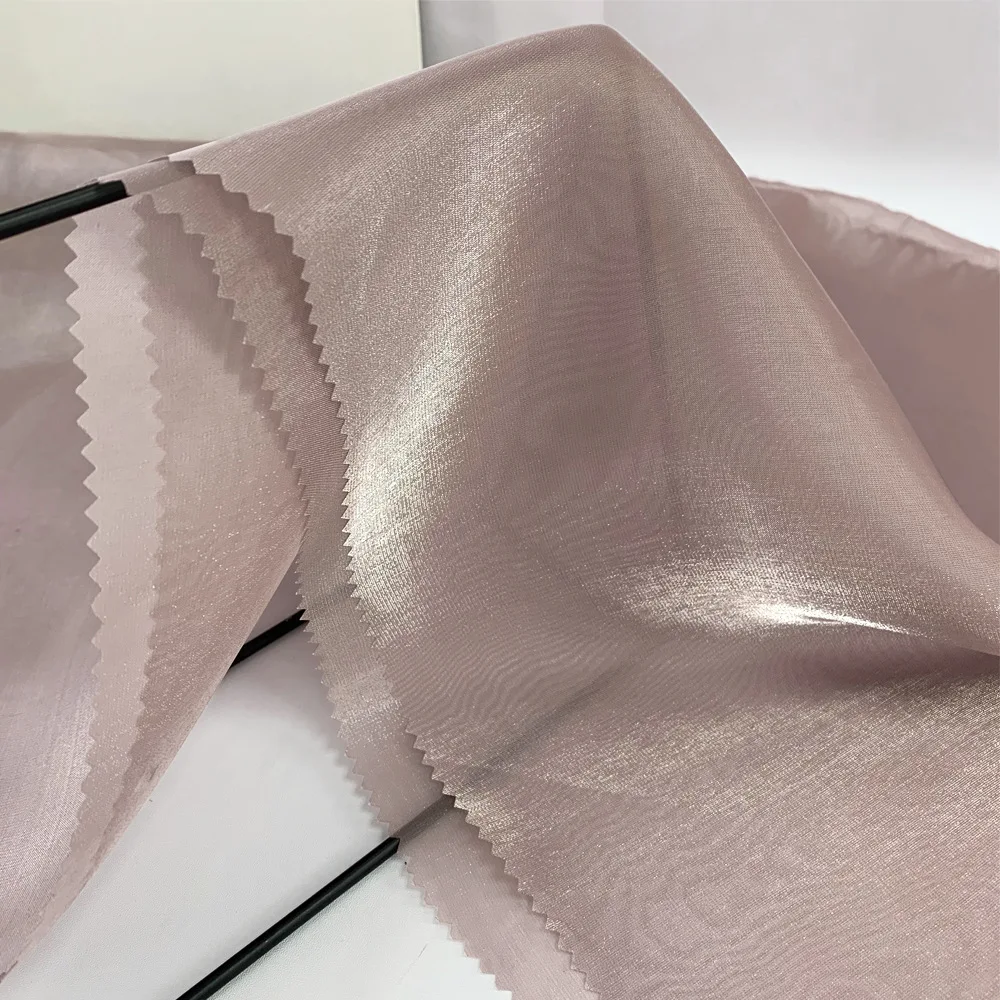 YX24 Champagne Soft Polyester Crystal Lily Satin Silk Organza Fabric Shiny Bridal Dress Fabric - 图片 5