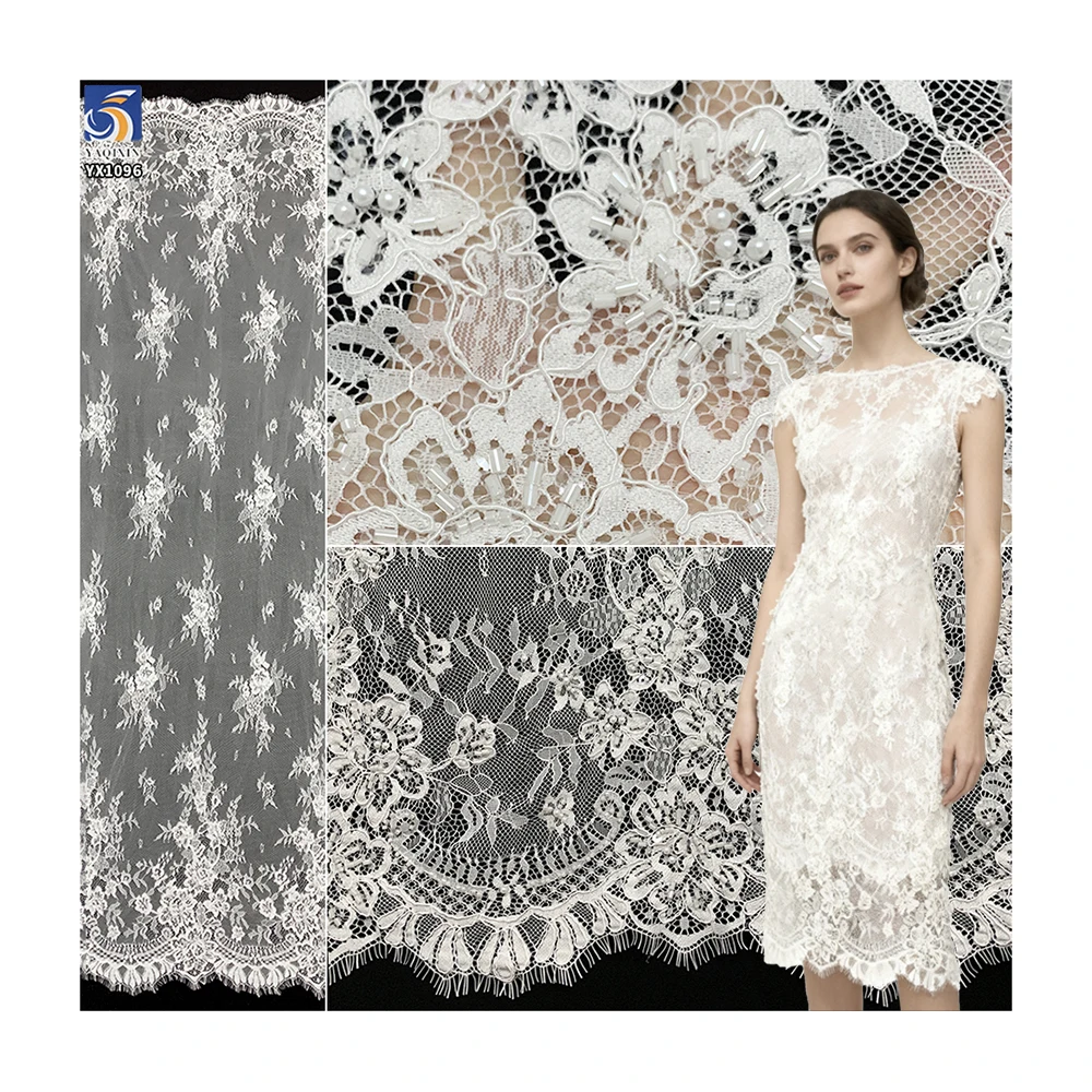 YX1096 Heavyweight White Mesh Bridal Wedding Dress Lace Fabric Pearls Woven Embroidery Italian Net Eyelash Lace Fabrics