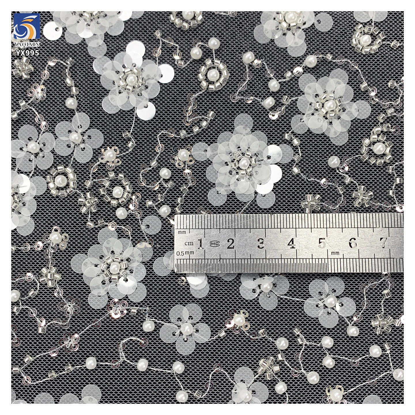 YX995-1 Ceramic White Sequins Lace Fabric High Quality French Wedding Florals Embroidery Lace Ceramic White Embroidery - 图片 5