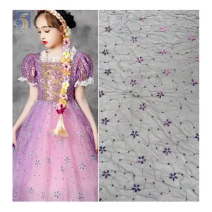 SCX001 Hot Selling Five Petal Flower Pink Sequin Fabric Embroidery Tulle Mesh Fabric Girl Clothing Fabric