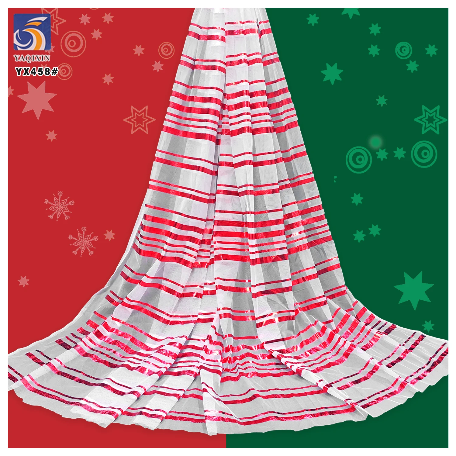 YX458 New Stripes Tulle Hot Foil Stamping Print Polyester Mesh Christmas Striped Fabric Candy Cane Stripes Tulle Fabric - 图片 3