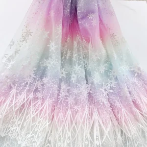 Soft 35gsm 40D Polyester Material Cartoon Snowflake Print Mesh Tulle Fabric with Rainbow Gradient Print Design