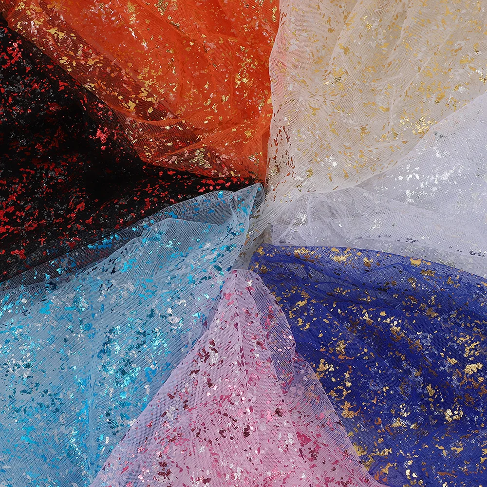 YX849 Tulle Stock Wholesale Gold Film Printing | Camouflage Tulle Fabric for Ink Splash Dress | USA Export