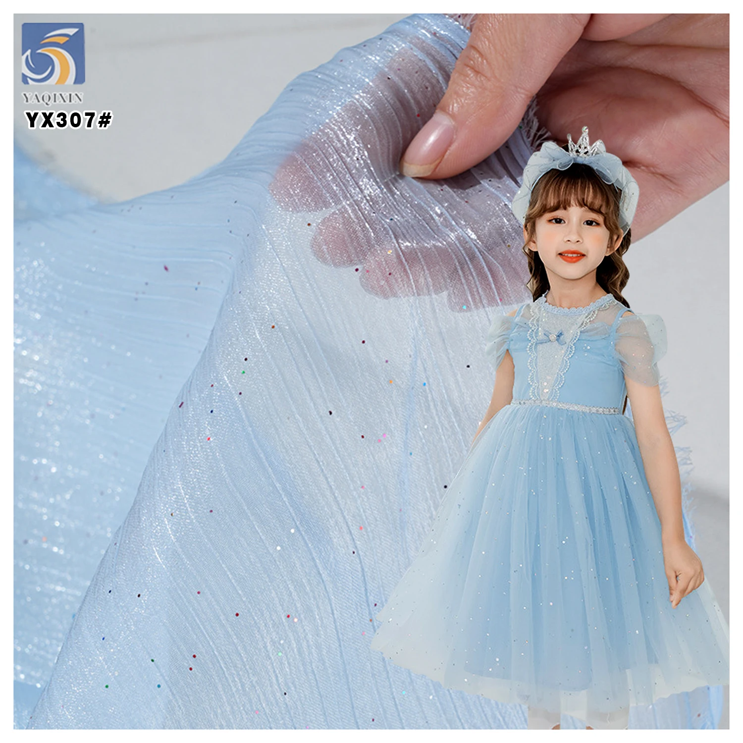 YX307 High-grade Colorful Glitter Dust 100 Polyester Glitter Wrinkled Organza Fabric for Large-Sleeved Shirts Skirts