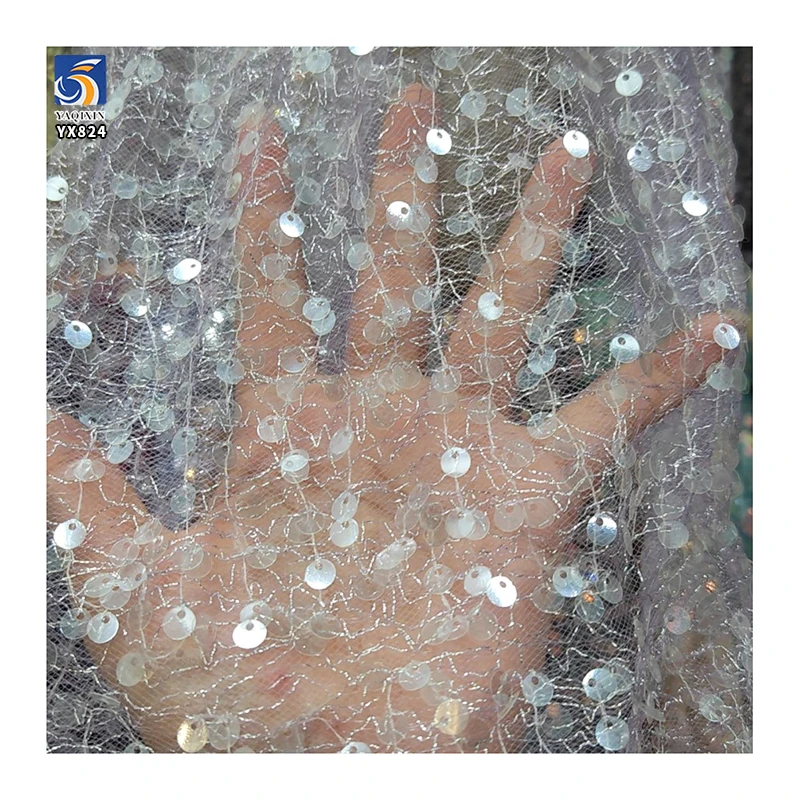 YX824 New Summer Design Silver Thread Double Layer Mesh 6mm Transparent Embroidered Sequins Fabric for Wedding Dress - 图片 3