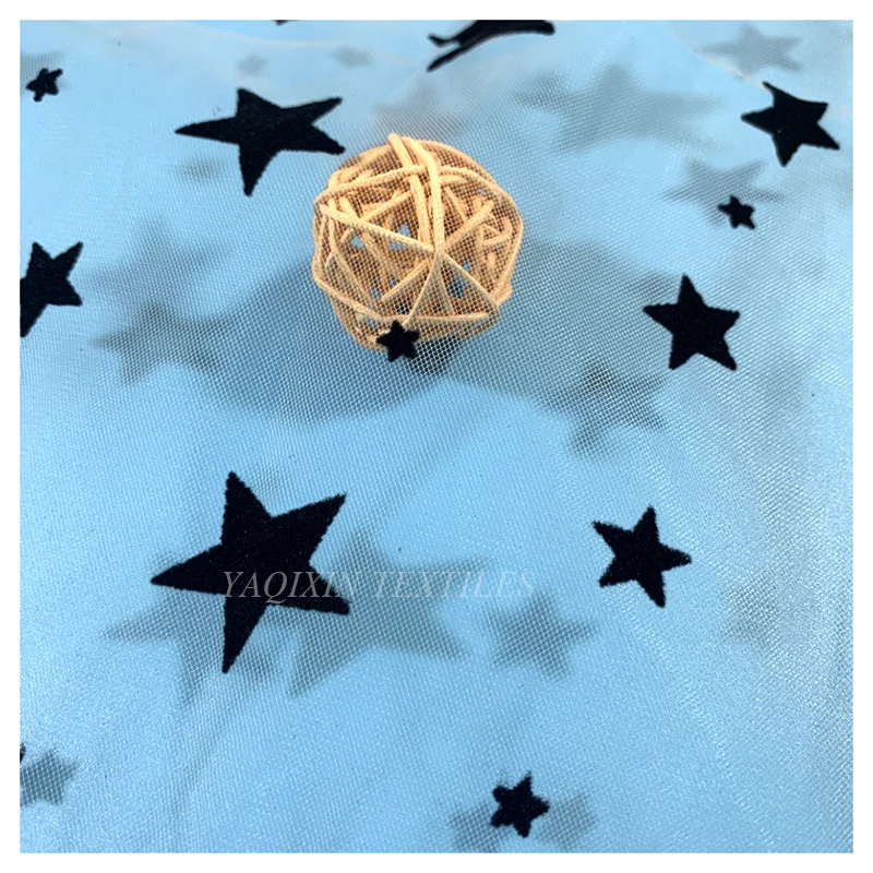 Deep Black Soft Tulle Mesh Fabric with Star Flocking Print for Women Dress Lining Fabric - 图片 5