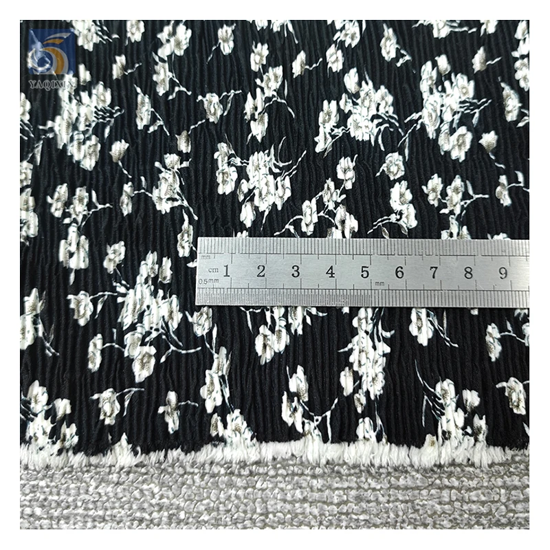 Middle East Design Black White Floral Printed Polyester Pleated Chiffon Fabric Abaya Chiffon Crepe Print Fabric - 图片 4