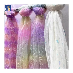 YX874 Girl's Skirt Polyester Gradient Digital Printing Rainbow Tulle Fabrics With 3mm Embroidery Sequins Knitted Mesh Fabric