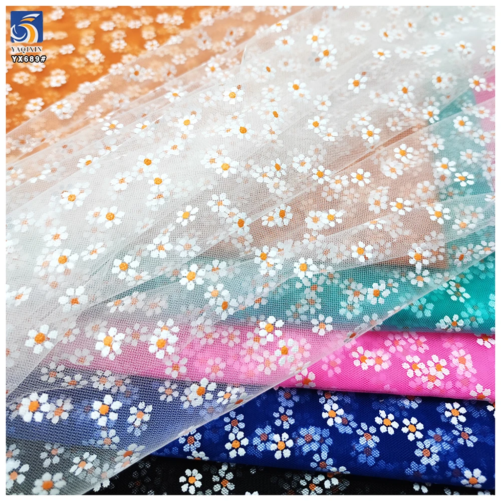 YX689 New Arrival Nylon Printed Tulle Fabric 100% Nylon Soft Daisy Pattern Design Floral Print Mesh Tulle Fabric