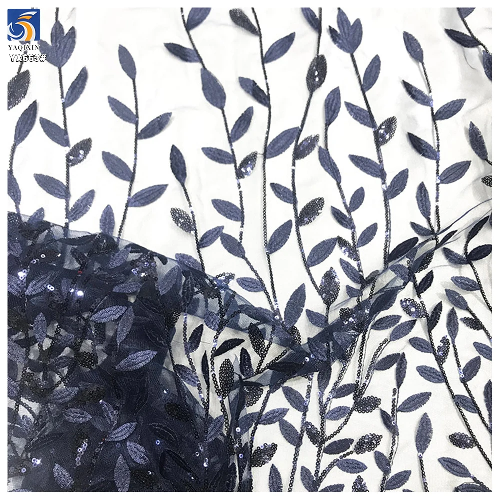 YX663 Vibrant Leaf Pattern Sequined Fabric Polyester Mesh Tulle Sequins Lace Fabric for Fashion and Evening Dress - 图片 4