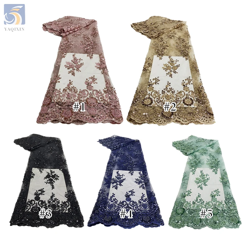 YX2583 Modern Novel Design Low Price Royal Blue Lace Fabric Bead Sequin Blue Embroidered Lace Fabric 5 Yards - 图片 3