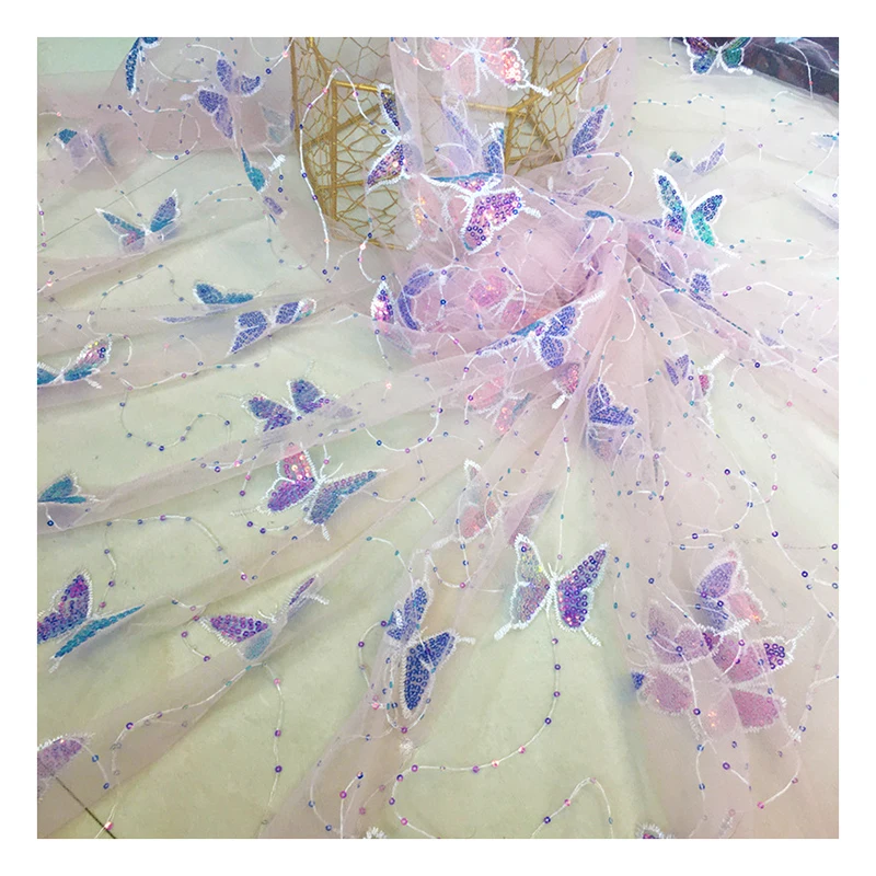 DX08 Custom Polyester Soft Tulle Mesh Butterfly Fabric Dress Embroidery Shiny Sequin Butterfly Tulle Netting Fabric - 图片 3