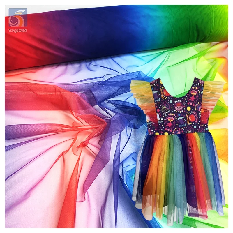 Children's Mesh Fabric Print Quality Fabric Blue Yellow and Red Colours rainbow Tulle Fabric