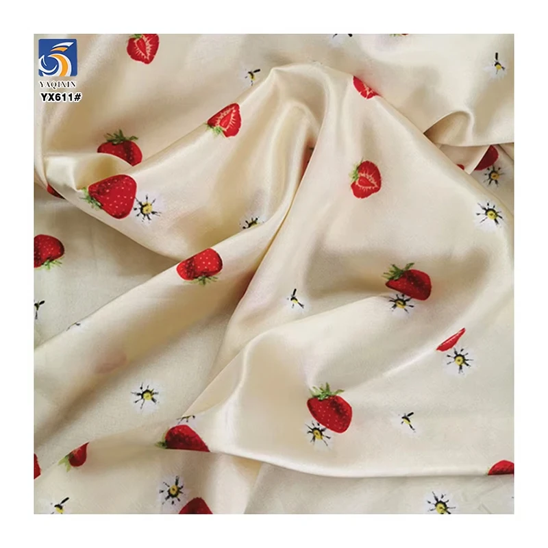 YX611 OEM Customized 100% Polyester Cartoon Fruit Strawberry Pineapple Digital Print Satin Fabric for Girls Dress