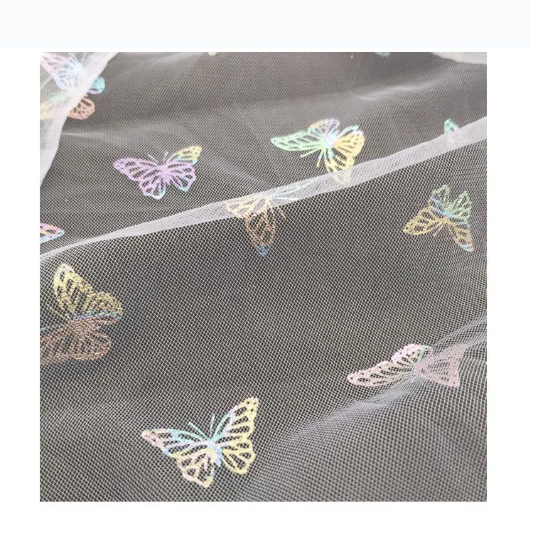 DX128 Stock Light Pink Polyester Tulle Fabric with Rainbow Color Butterfly Bronzing Net Mesh Fabric Wholesale - 图片 5