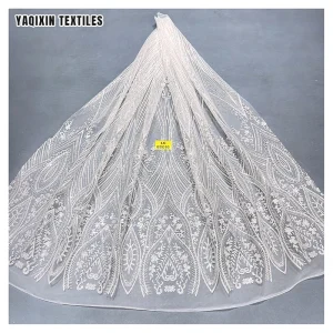 Guangzhou Manufacturer Design Custom Luxurious Pure White Wedding Laces Fabrics Polyester Tulle Bridal Glitter Lace Fabric