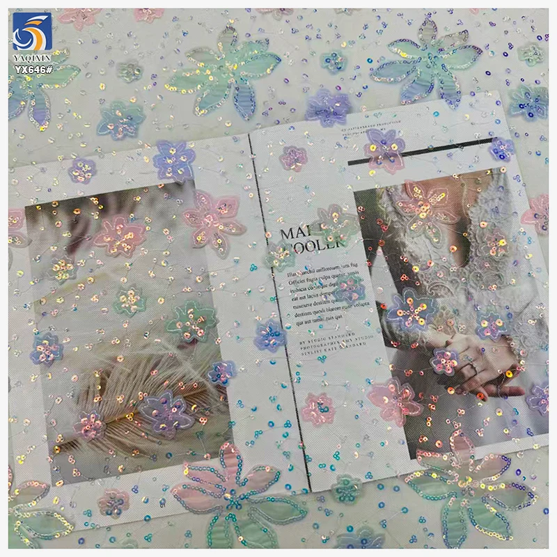YX646 2025 New Fashion Ombre Mesh Fabric 3D Embroidery Gradient Flower Sequins Tulle Fabric for Girls Dresses - 图片 6