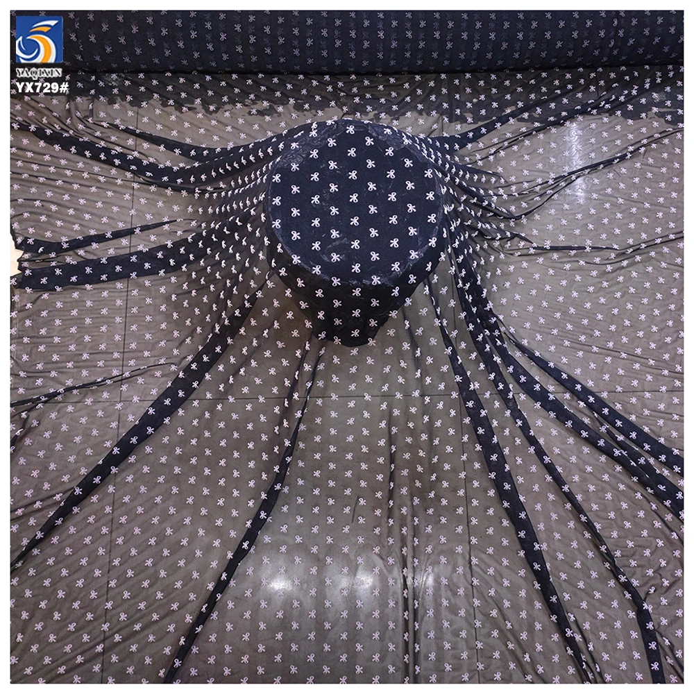 YX729 Christmas Pink Bow Tie Flocked Tulle Fabric 92 Nylon 8 Spandex Stretch Net Mesh Flocking Fabric for Lingerie Dress - 图片 5