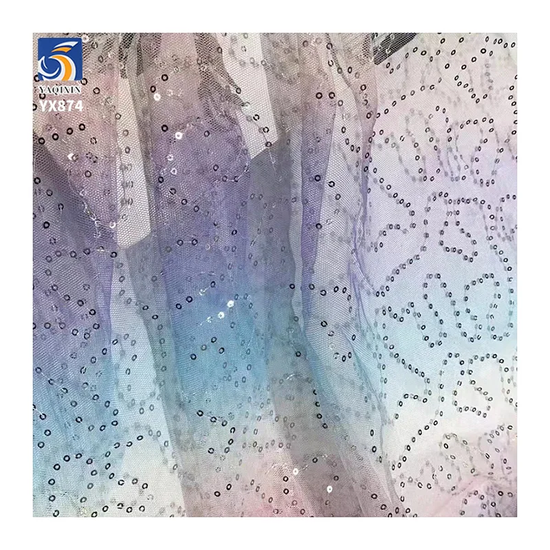 YX874 Girl's Skirt Polyester Gradient Digital Printing Rainbow Tulle Fabrics With 3mm Embroidery Sequins Knitted Mesh Fabric - 图片 5