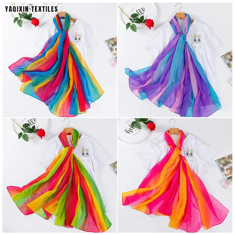 YX2144 New Arrival Gradient Rainbow Print Like Silk Scarf 100cm*180cm Oversized Travel Beach Chiffon Hijab Scarf Summer - 图片 4