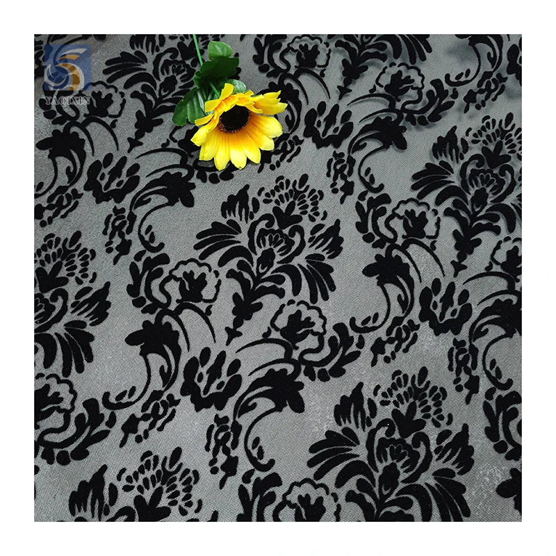 2024 Sexy Lingerie Custom Black Flocking Pattern Mesh Fabric 4-Way Stretch Power Mesh Fabric with Flocked - 图片 4