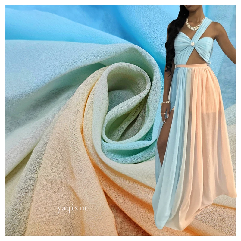 YX23624 Beautiful Two-Tone Blue Skin Tone Ombre Fabric Polyester Dubai Pearl Chiffon Gradient Printed Fabric Wholesale