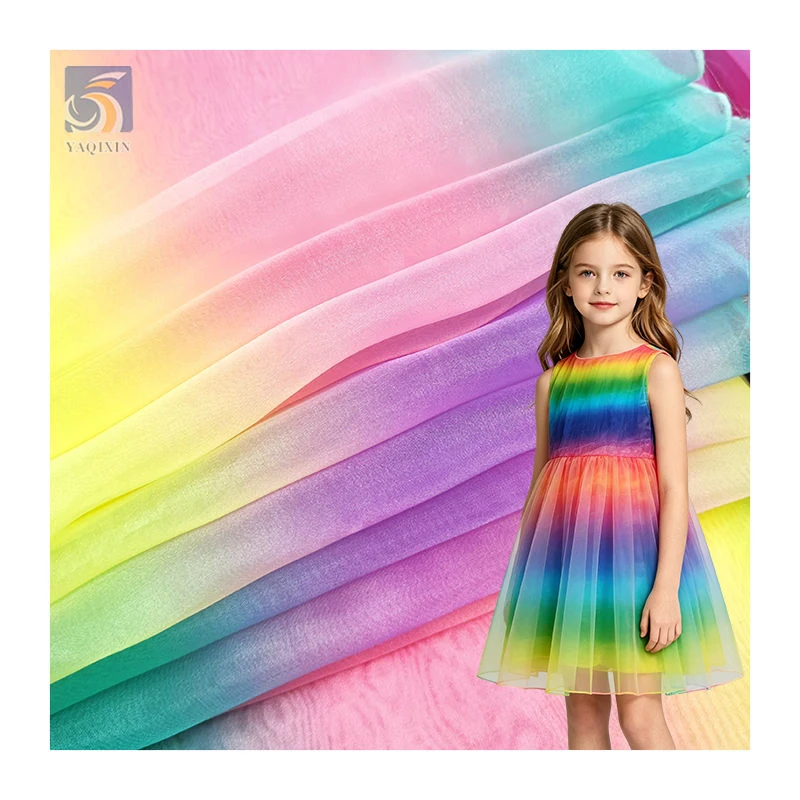 New Design Stiff Organza Rainbow Gradient Fabric Polyester Digital Print Iridescent Organza Fabrics for Clothing