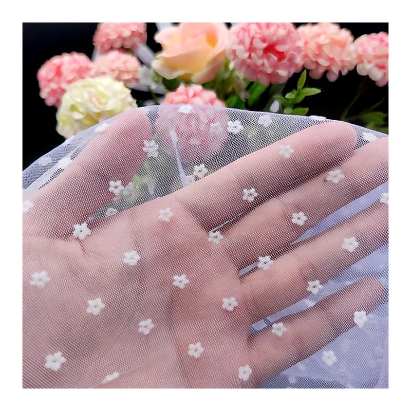 DX158 Hot White Soft Small Floral Flocked Tulle Mesh Fabric Nylon Tulle for Dress - 图片 2
