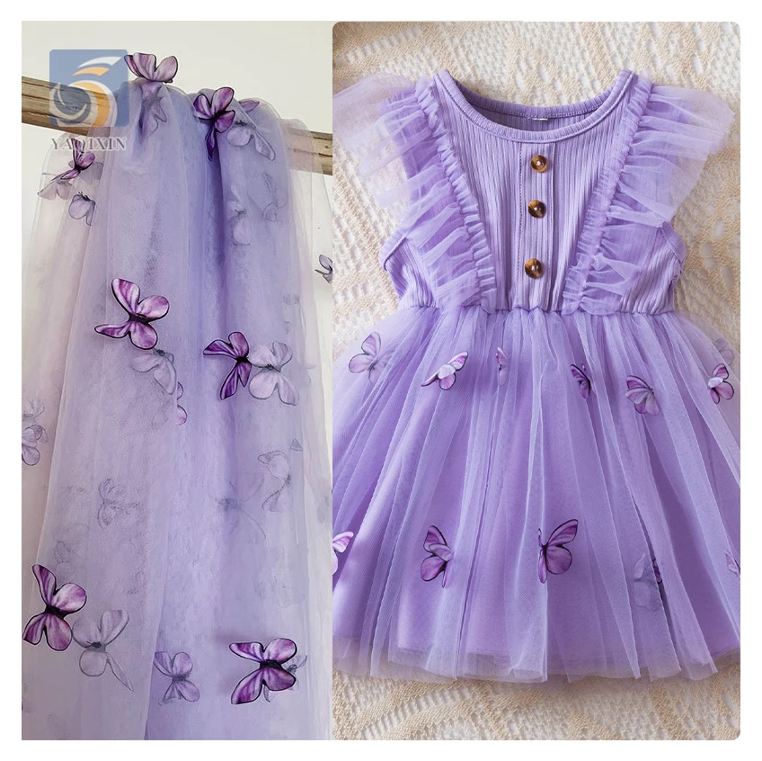 Purple 3D Butterfly Embroidery Lace Fabric for Dress Gradient Color Butterfly Tulle Mesh Fabric for Garment - 图片 4