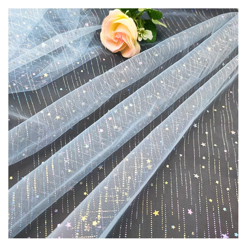 Lace Fabric Sky Blue Mesh Glitter Tulle Lace Fabric with Colorful Shooting Star for Baby Tutu Dress Fabric - 图片 6