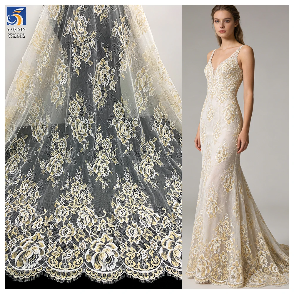 YX1332 300cm*150cm Factory Wholesale Price China Gold Eyelash Lace Fabrics Big Flowers Embroidered Eyelash Lace Fabric Textile