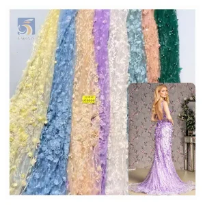 Hot Selling Wholesale Price 3D Floral Flower Tulle Lace Embroidered Fabric White Glitter Wedding Lace Fabric Sales by Yards