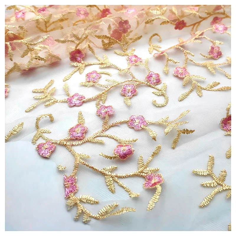 Indian Luxury Embroidered Floral Mesh Lace Fabric Tulle Embroidery Fabric for Women - 图片 6