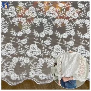 YX702 Premium Quality 100gsm Comfortable Sustainable Floral Lace Fabric White Poly Milk Silk Embroidery Mesh Fabric