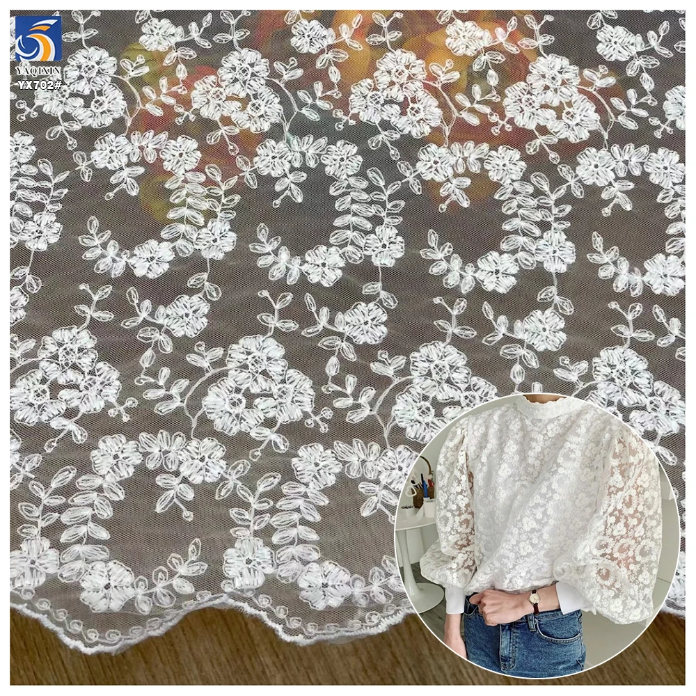 YX702 Premium Quality 100gsm Comfortable Sustainable Floral Lace Fabric White Poly Milk Silk Embroidery Mesh Fabric