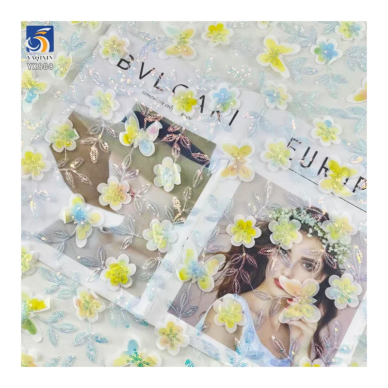 YX808 Butterfly Floral 3D Embroidery Knitted Mesh Fabric With Small Sequins Shiny Girl's Princess Dress Tulle Fabric - 图片 6