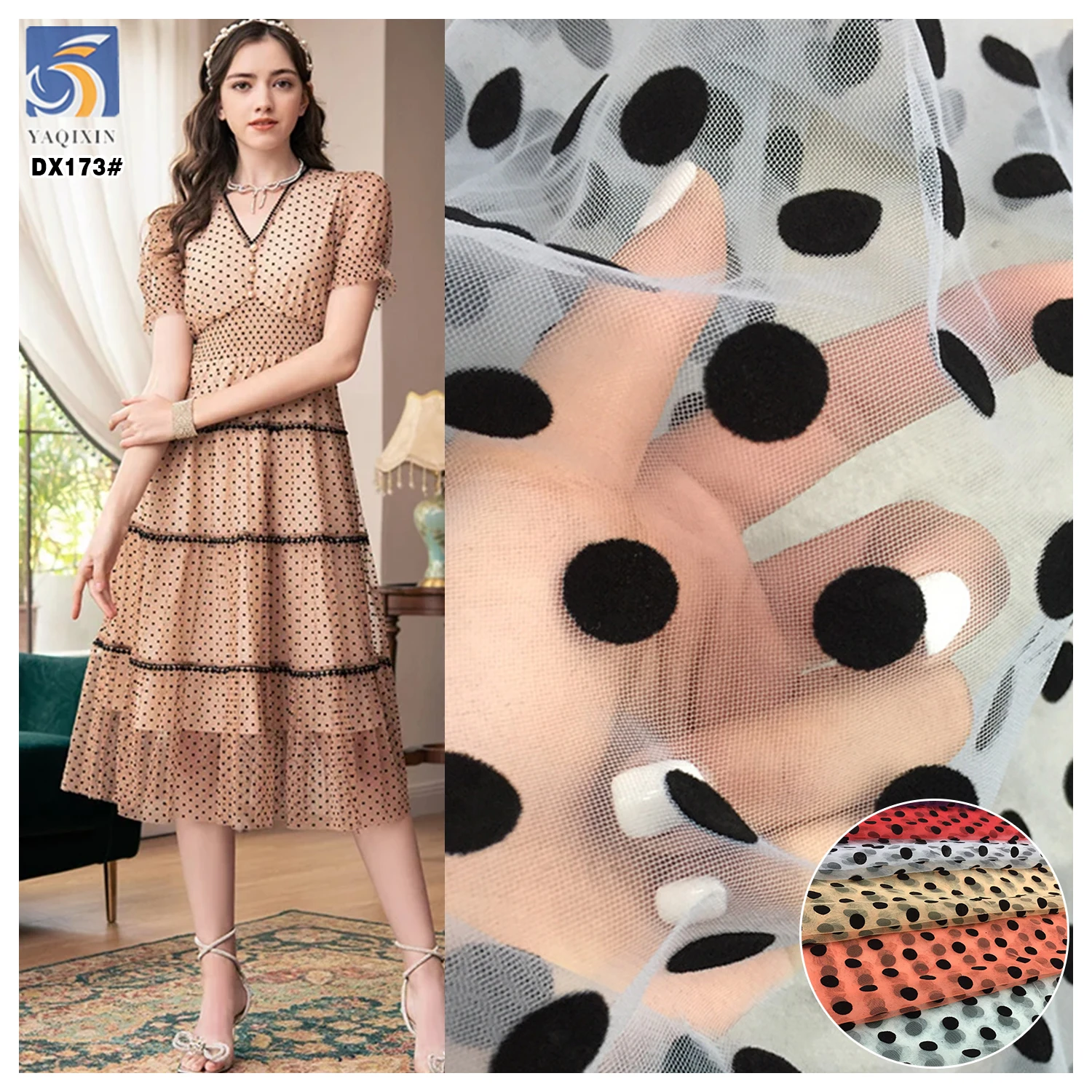 0.8CM/1.5CM Soft Polyester Tulle Black Swiss Polka Dot Flocking Mesh Tulle Fabric for Casual Dress