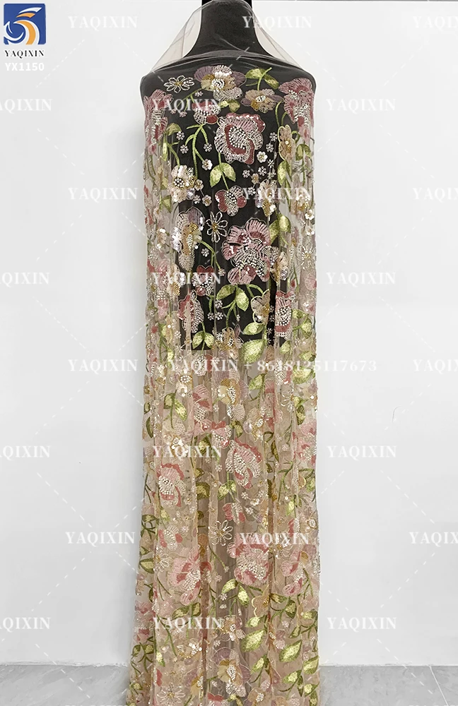 YX1150 Expensive Style Colorful Florals Beads Embroidery Tulle Fabric With Sequins Tulle Fashion Dress Fabrics for Women - 图片 2