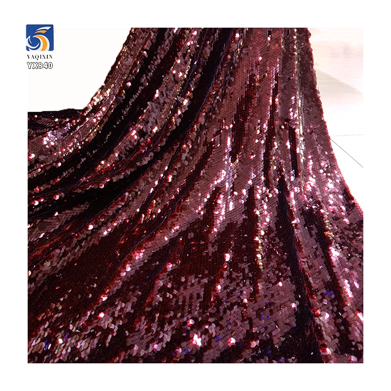 YX840 130CM High Quality Dress Embroidery Dark Red Sequin Fabric 450gsm 9mm Large Transparent Sequins Fabric - 图片 3