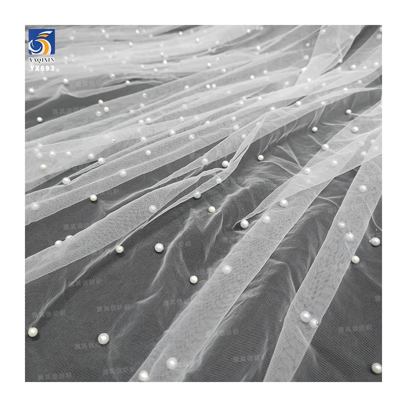 YX893-1 Online Wholesale 118 Inches 3D Beads Pearls Tulle Fabric Bridal 100 Polyester White 3D Mesh Fabric Wedding Tulle - 图片 5