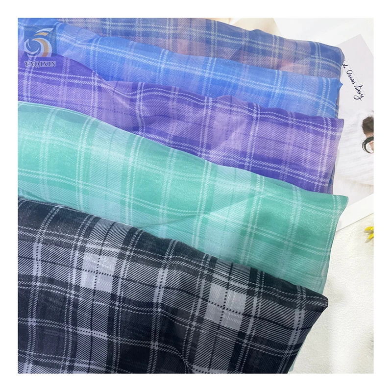 New Design Fashion Fabrics Check Printed Organza Fabric Glossy 100 Polyester Organza Printed Plaid Fabric - 图片 3