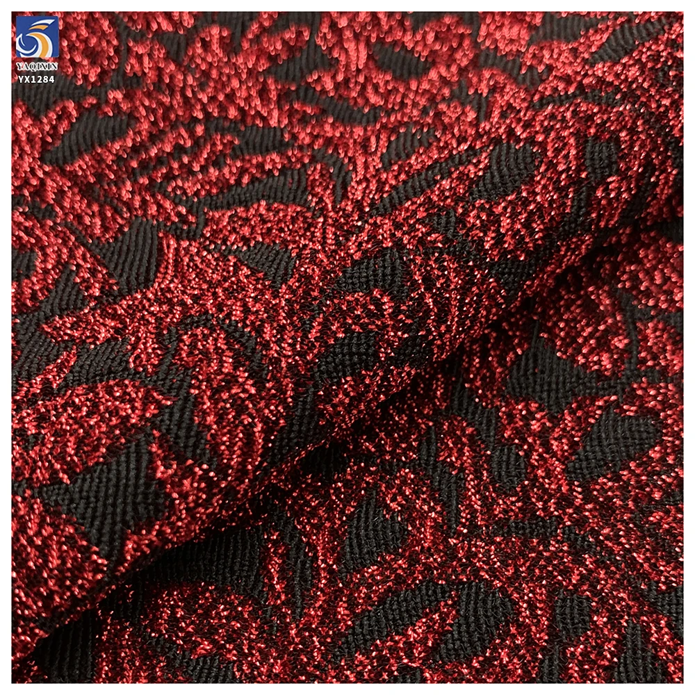YX1284 160gsm 100% Polyester Wholesale Wine Red Shiny Lurex Jacquard Fabric With 3D Rhinestones Arabic Dress Jacquard Fabric - 图片 5