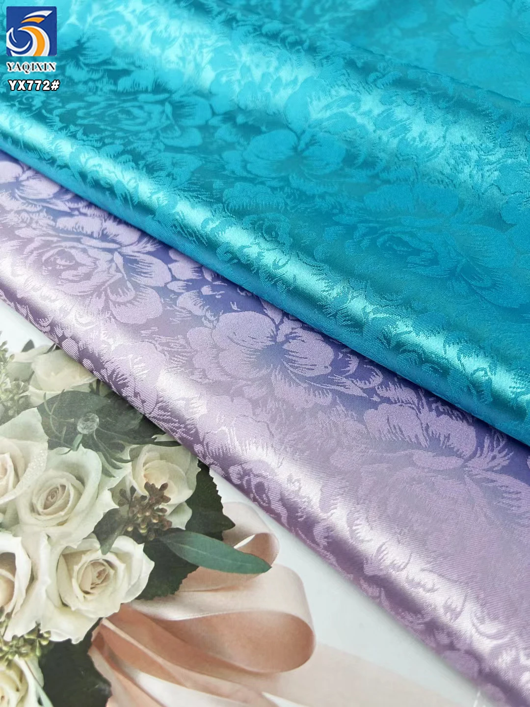 YX772 European Style 97% Polyester 3% Spandex Stretch Big Flowers Jacquard Satin Fabric for Pajama Party Dress Home Textiles - 图片 5