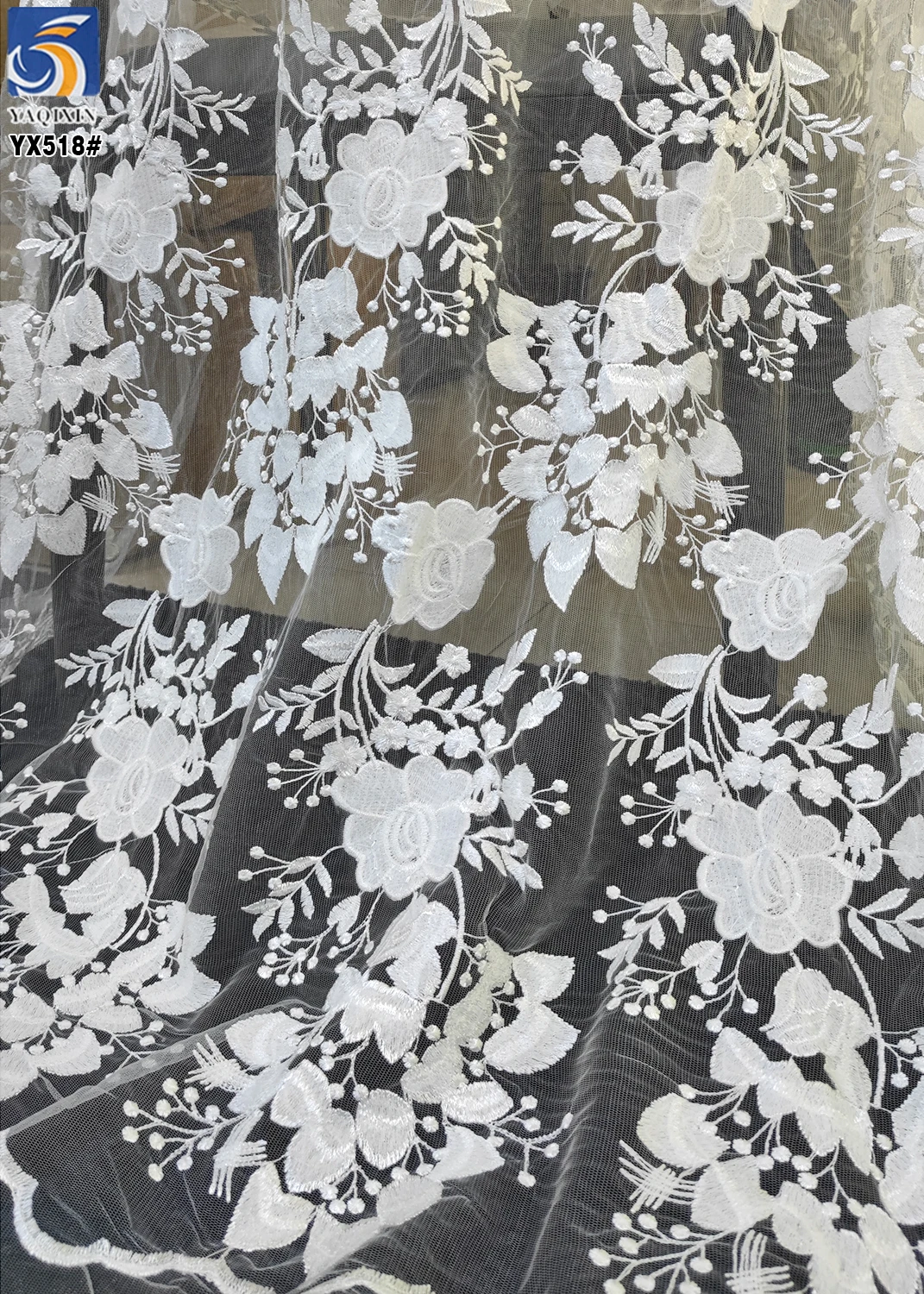 YX518 2025 New Design Custom 100% Polyester Soft Pure White Flowers Tulle Embroidery Bridal Fabric - 图片 6