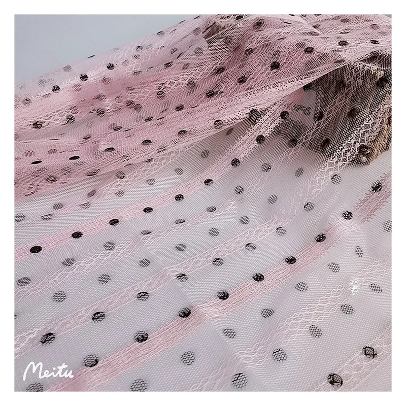 New Fashion Tulle Fabric Stripe Jacquard Mesh Fabric With Black Dotted Printed Tulle Fabric for Ladies Shirts - 图片 6